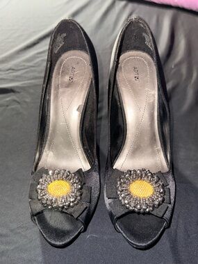 Apt. 9 Black Peep-Toe Heels with Yellow Beaded Rosette